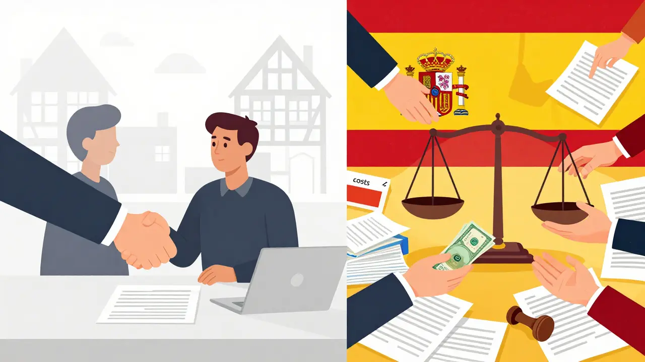 Konzeptbild: Geordneter Kauf in Deutschland versus komplexe Kosten in Spanien