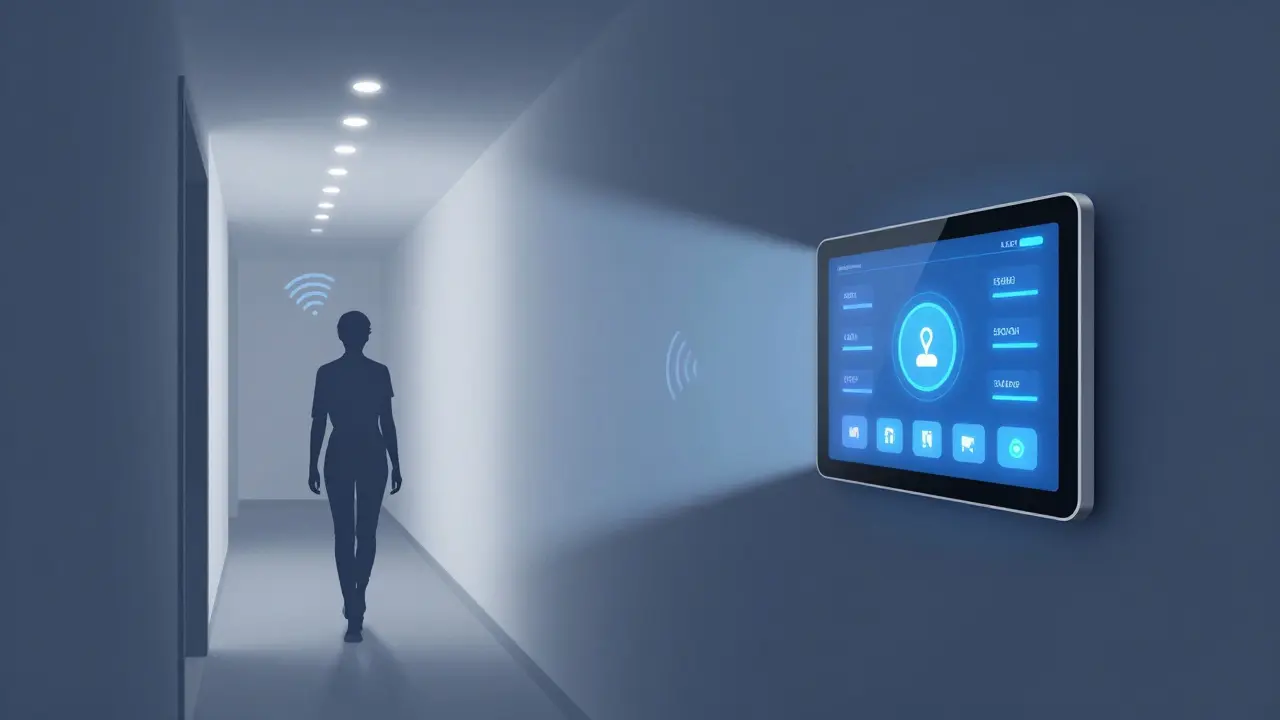 Konzeptillustration eines intelligenten Zuhauses mit bewegungsaktiver LED-Beleuchtung im Flur.