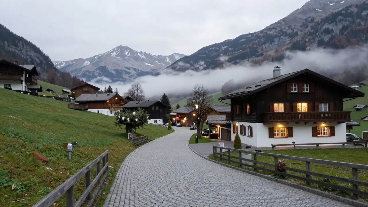 Leeres Alpen Dorf im Nebel zeigt die Herausforderungen der Nebensaison