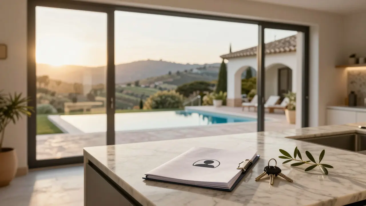 Luxusvilla in Andalusien mit Schlüsseln und Akte auf der Kücheninsel