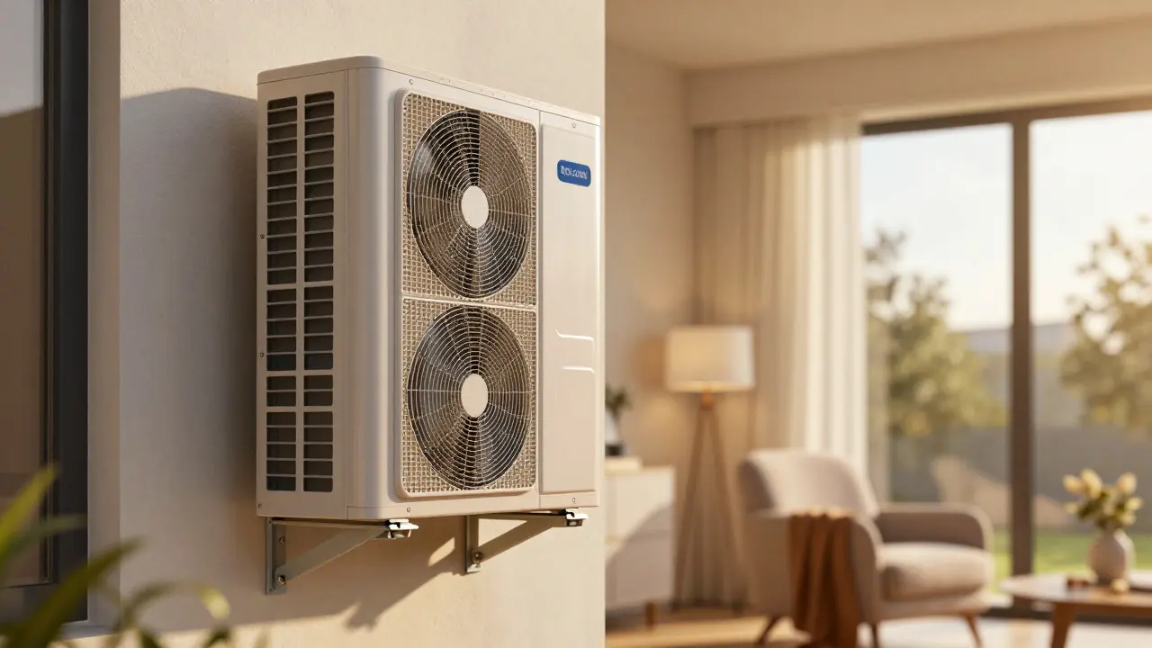 Modern heat pump outside a cozy, warmly lit living room with new windows.