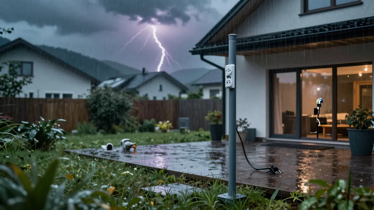 Moderne Hausfassade im Sturm mit sicher montierter Gartensteckdose