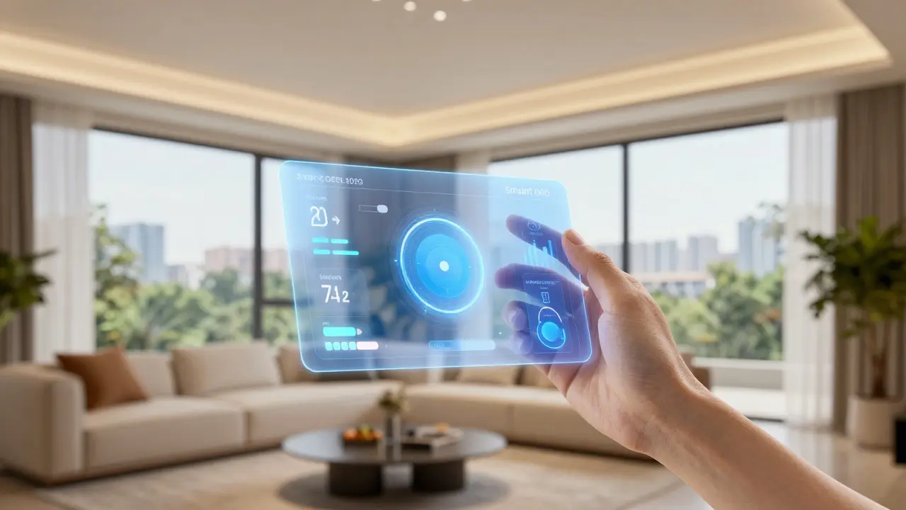Moderne Wohnung mit holografischer Smart-Home-Steuerschnittstelle