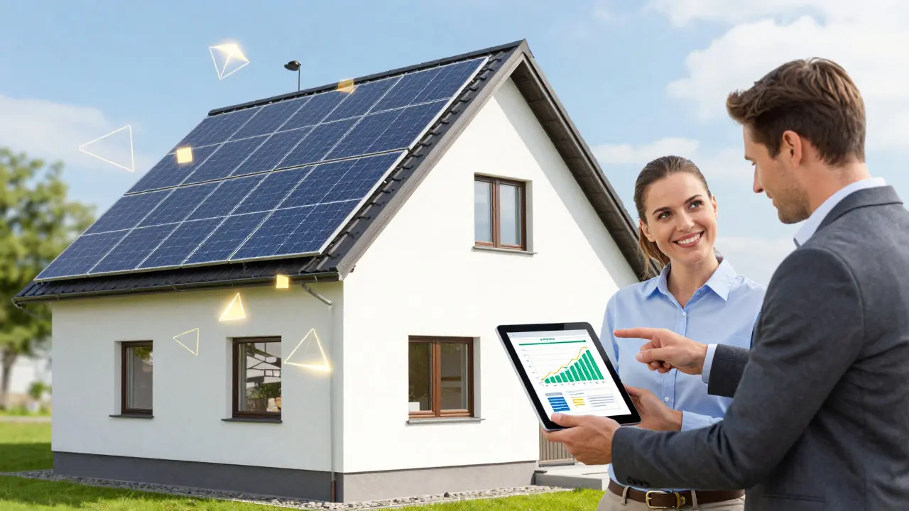 Modernisiertes Haus mit Symbolen für Förderung