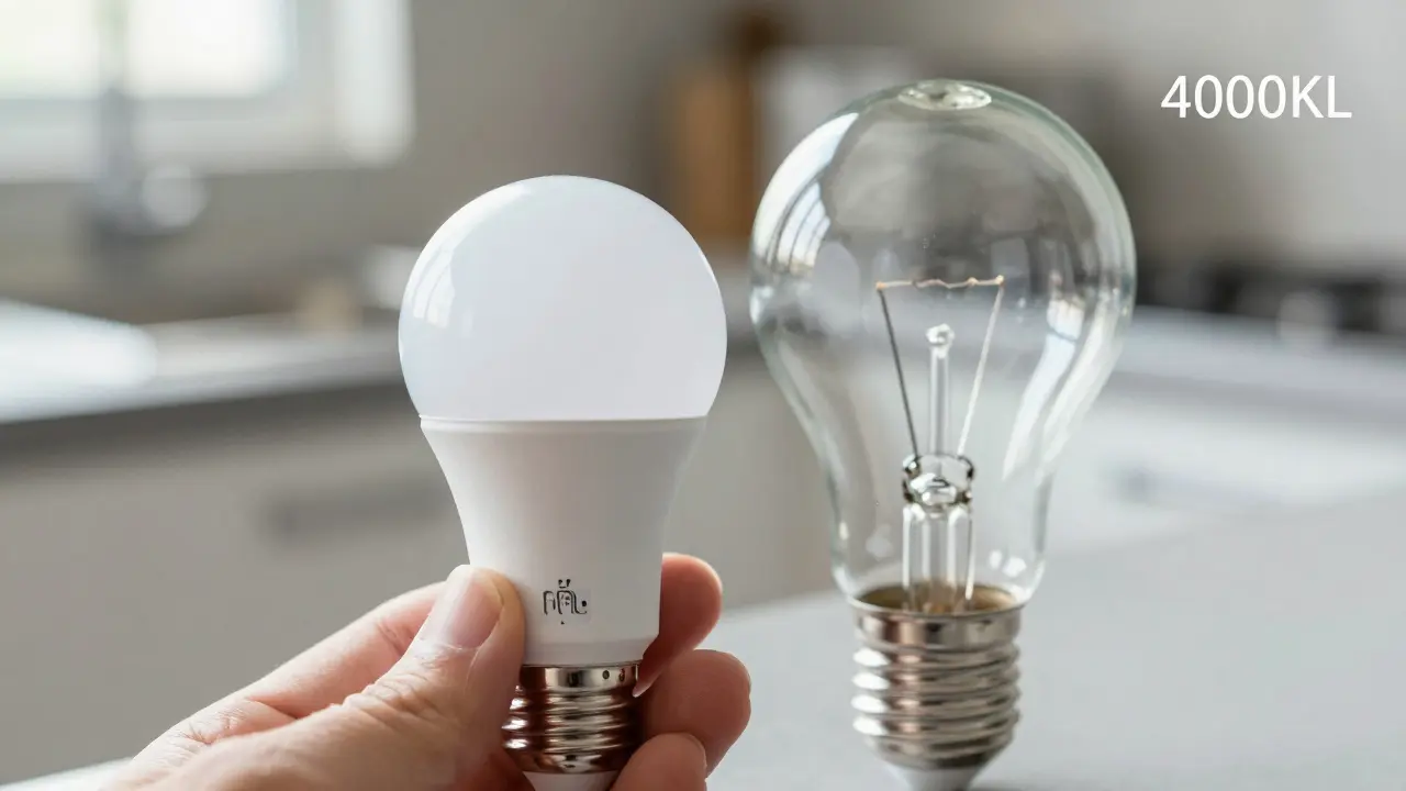 Nahaufnahme einer modernen LED-Lampe neben einer alten Glühbirne auf einer Küchenarbeitsplatte.