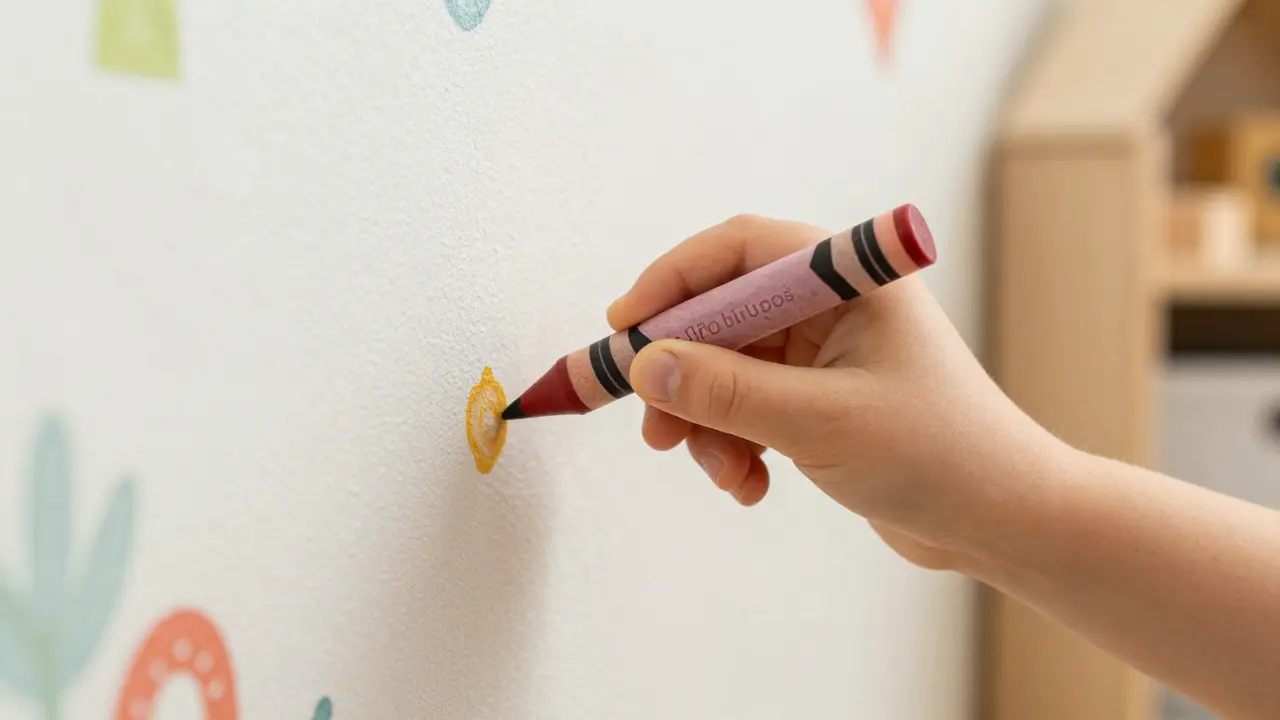 Nahaufnahme eines Kindes, das mit Wachsmalkreide auf die Tapete im Kinderzimmer malt.