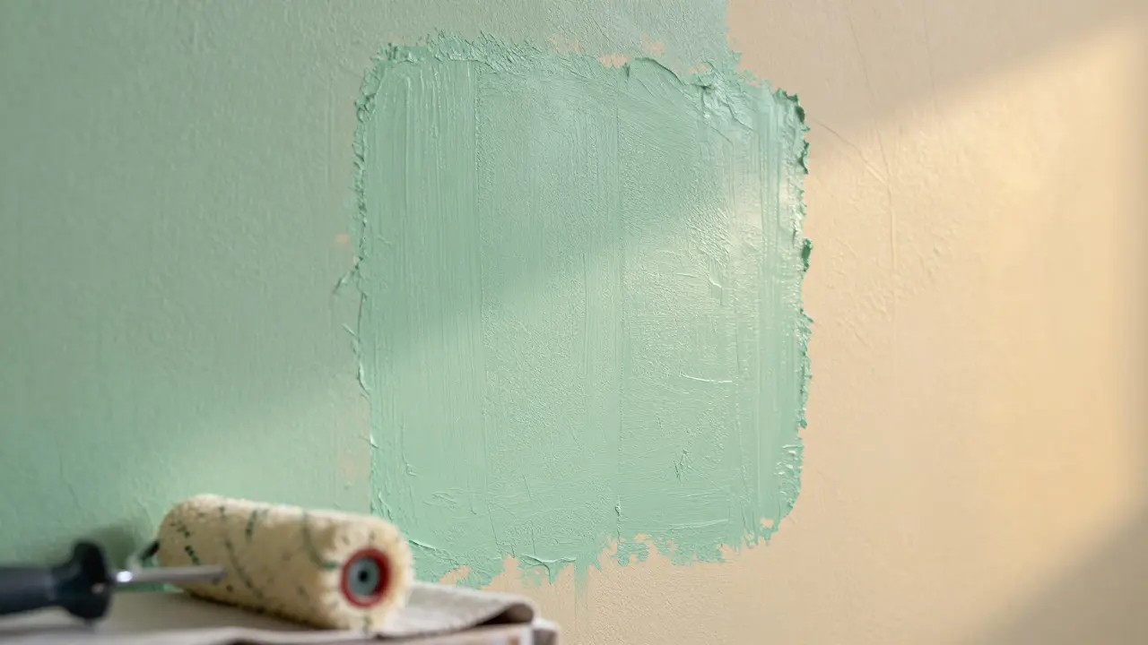 Paint test patch on wall showing color changes under different lights