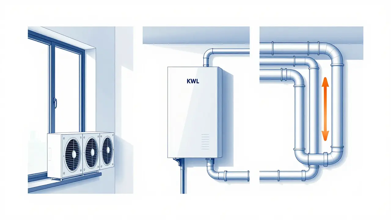 Schematic diagram comparing three types of home ventilation systems