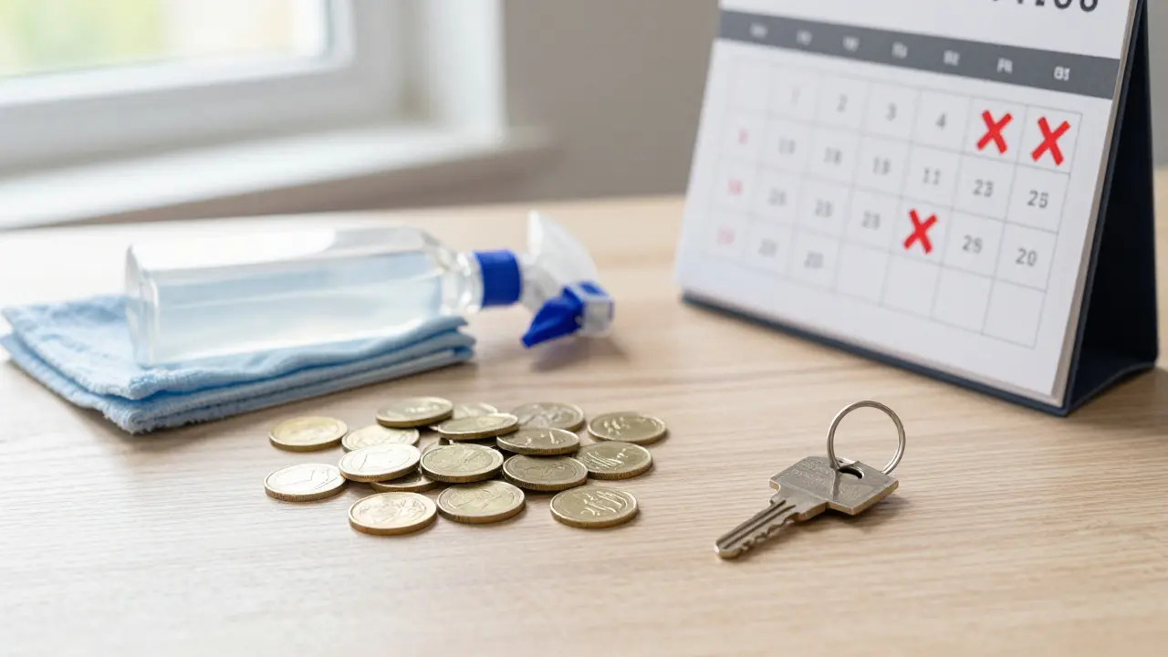 Tisch mit Euro-Münzen, Reinigungsmitteln und Kalender zur Darstellung der Kosten