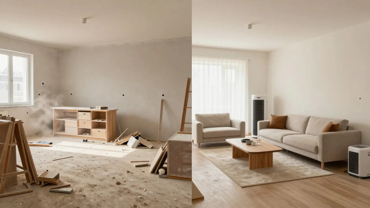 Vergleich: Chaotische staubige Baustelle versus sauber abgeschirmter Wohnbereich
