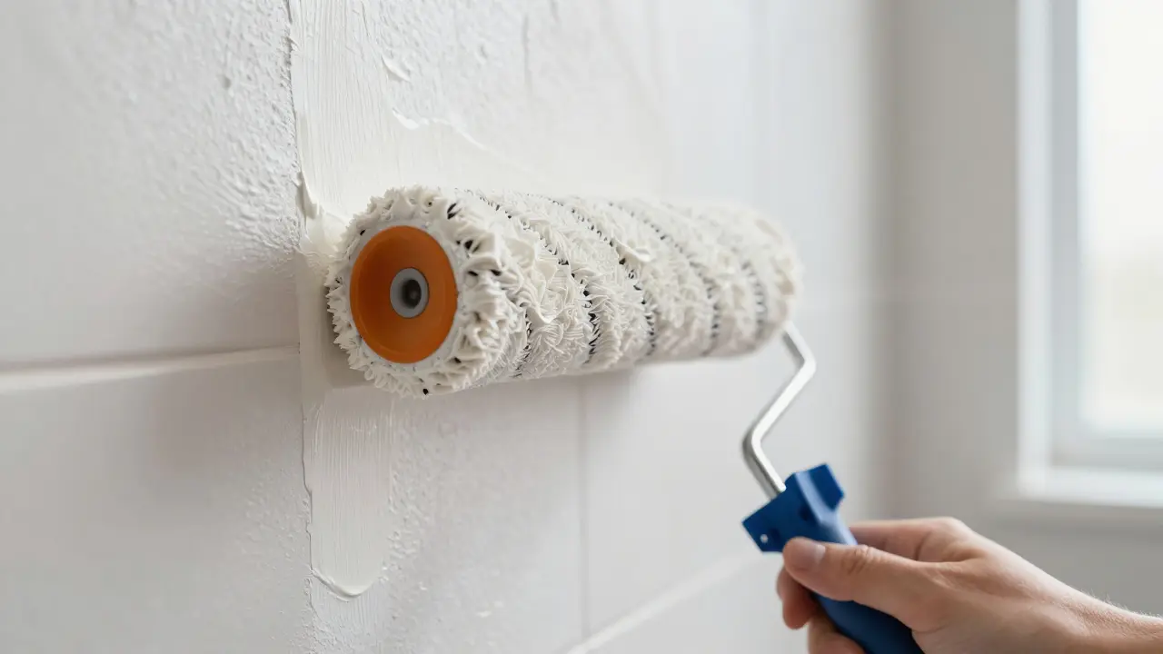 Anwendung von Feuchtraumfarbe mit Rolle auf einer Wand
