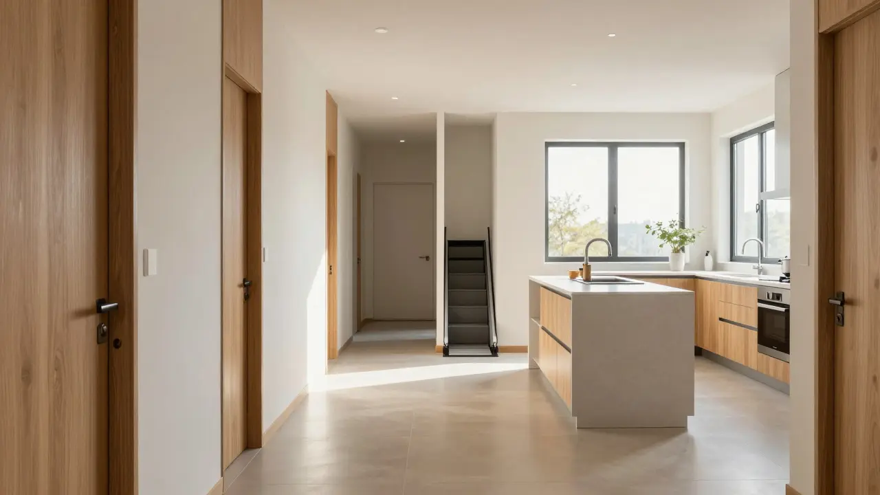 Barrierefreies, modernes Interieur mit breiten Fluren und Stufenlift