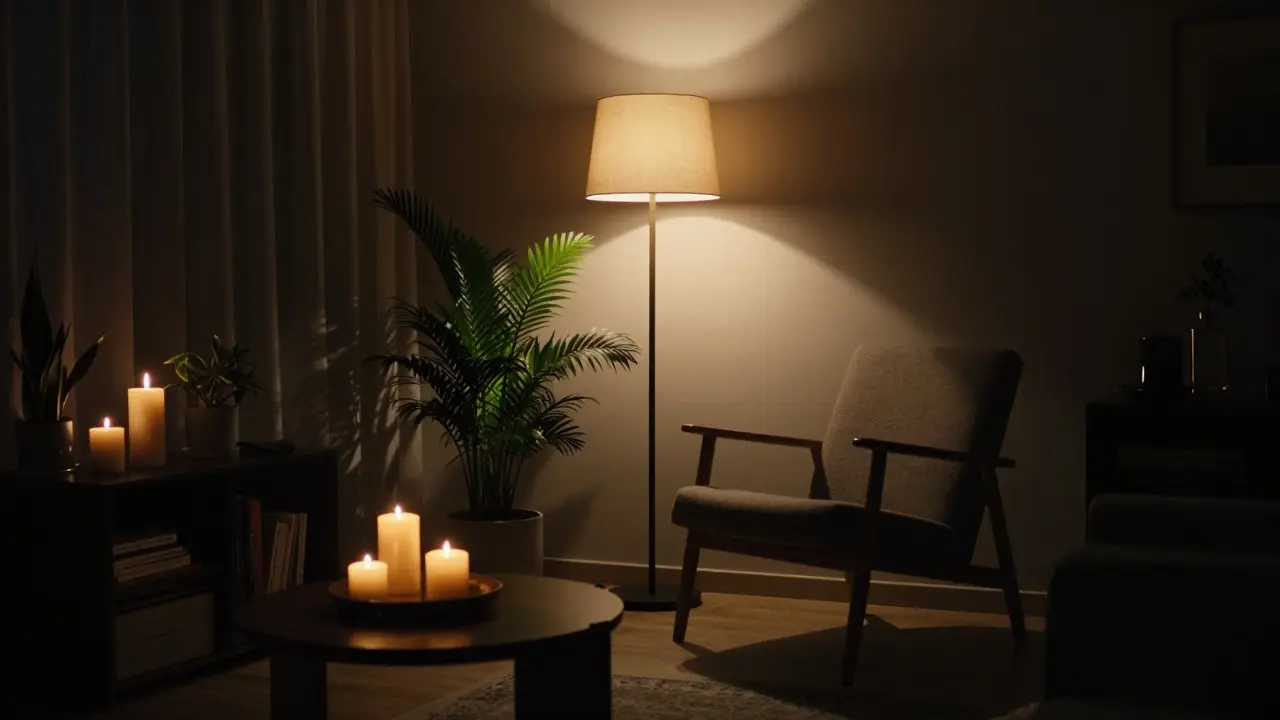 Gemütliches Abendlicht mit Kerzen und Pflanzen im modernen Wohnzimmer
