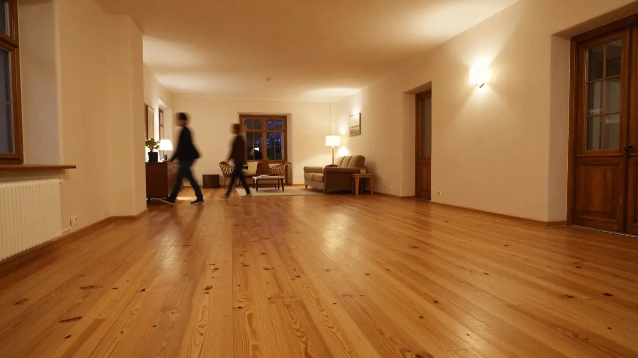Geräumiges Wohnzimmer mit ruhigen, renovierten Holzdielen im Altbau