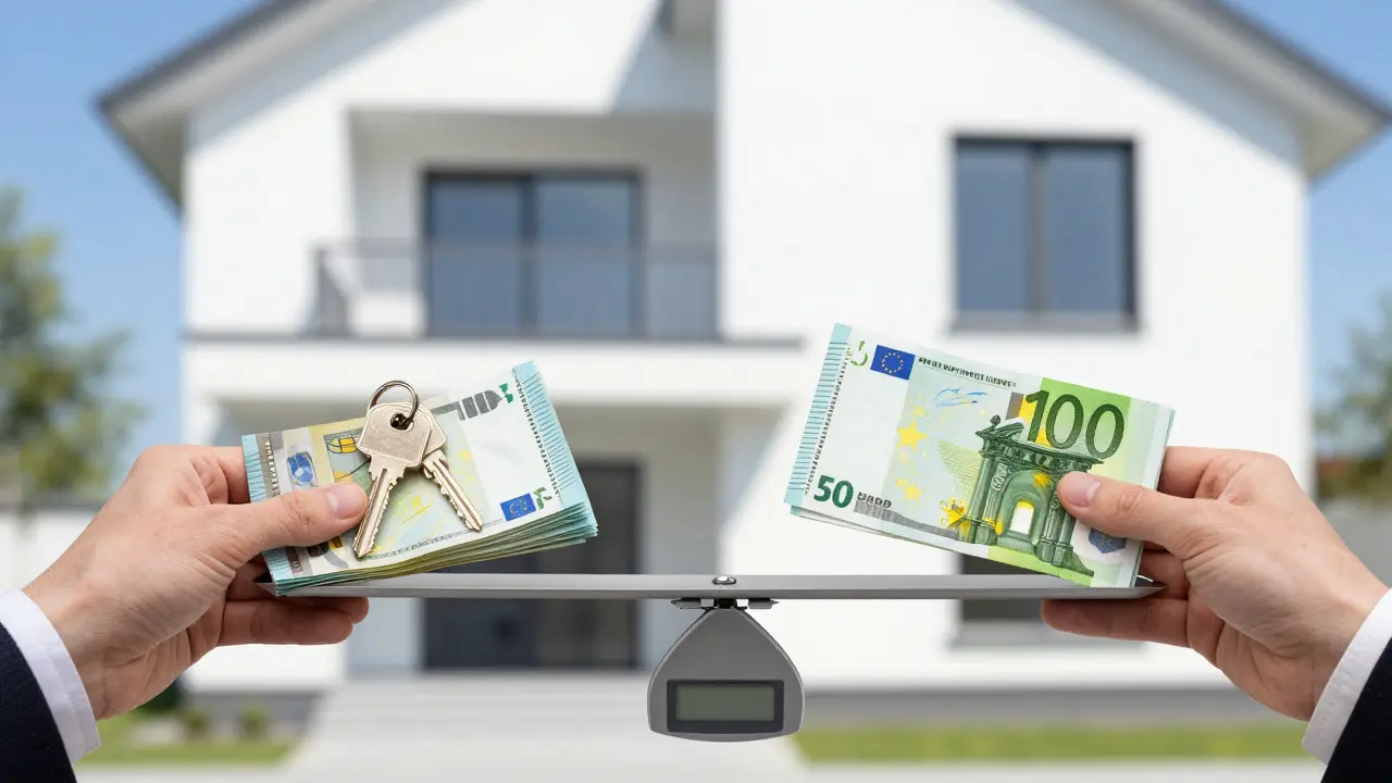 Hände halten Euro-Banknoten und Hausschlüssel im Gleichgewicht