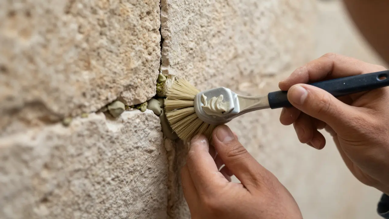 Handwerker repariert vorsichtig eine Rissstelle in historischem Naturstein