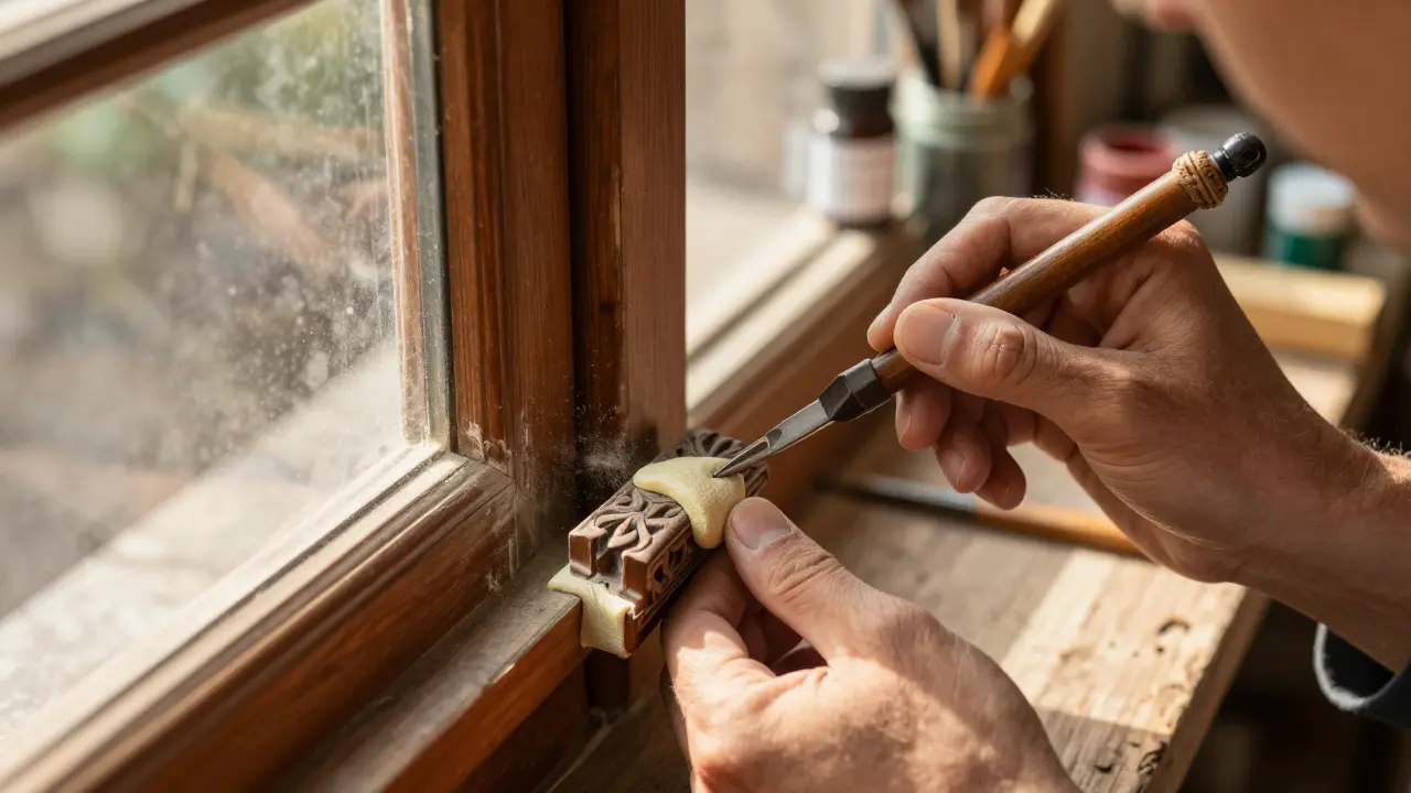Handwerker restauriert altes Holzfenster mit traditionellen Methoden