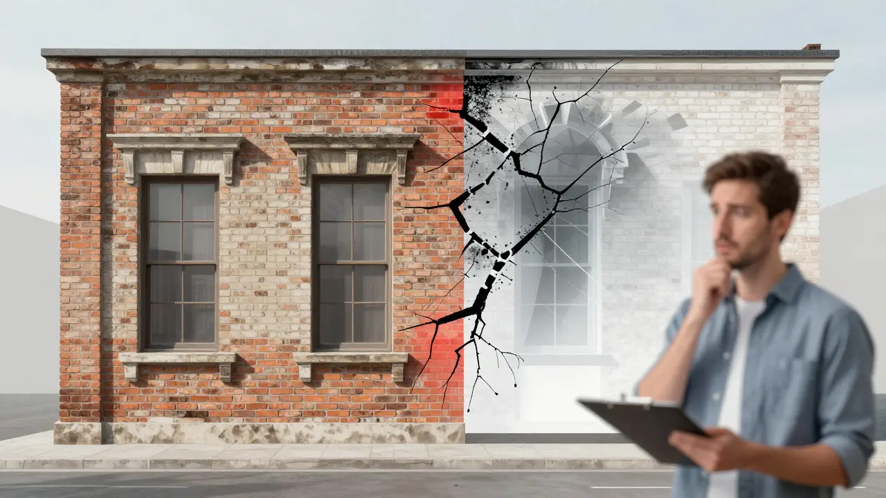 Hausfassade mit sichtbaren strukturellen Rissen und Feuchtigkeitsschäden
