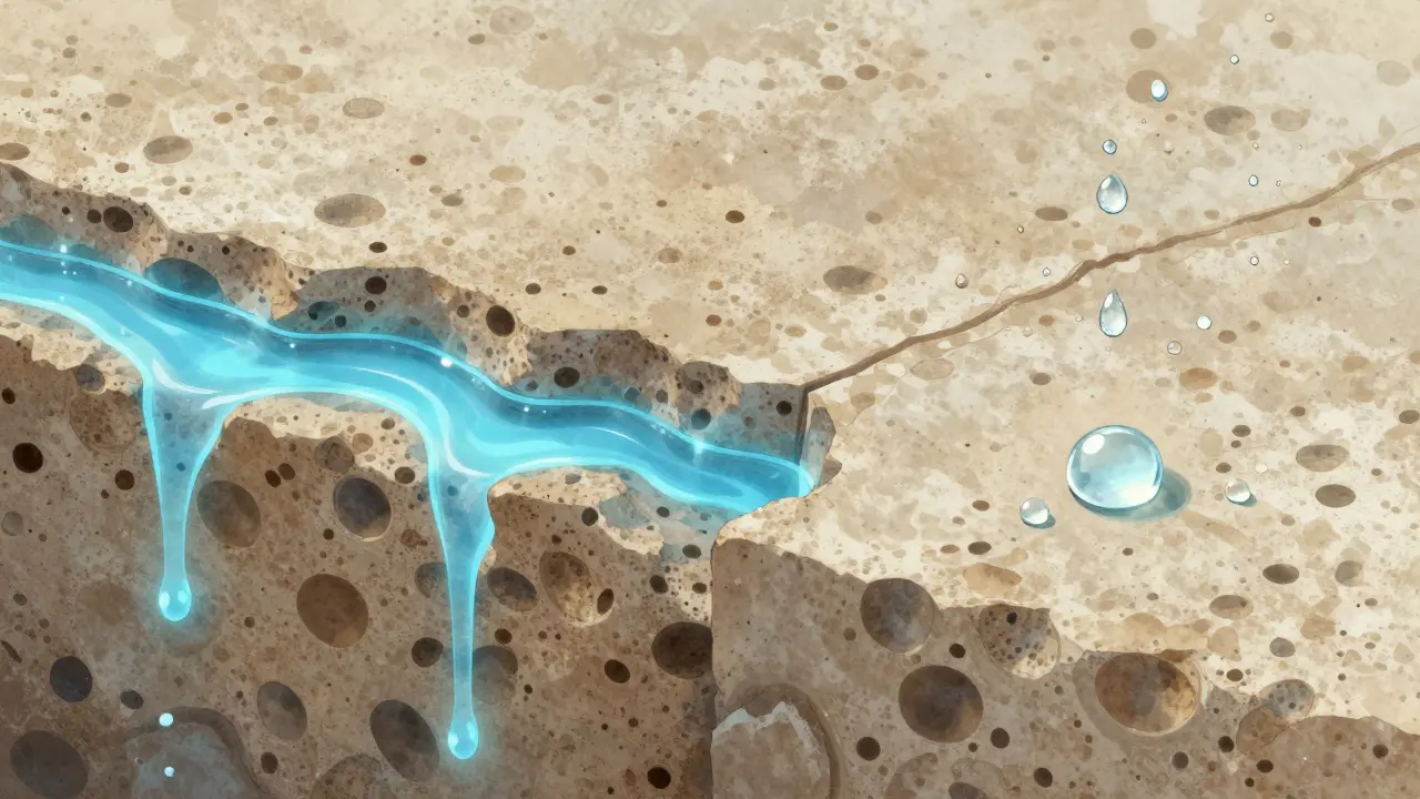 Konzeptionelle Darstellung der Silikat-Konsolidierung und Wasserabweisung im Stein