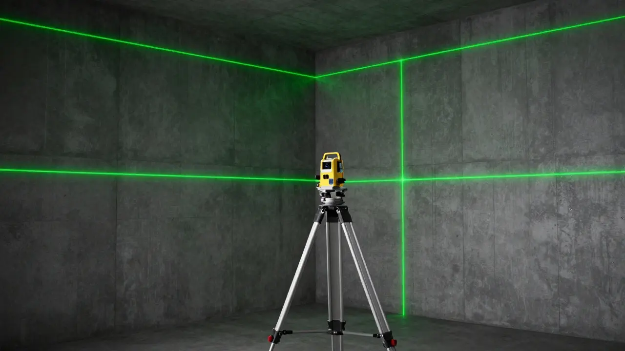 Laser-Nivelliergerät projiziert grüne Linien in einem unbehandelten Raum