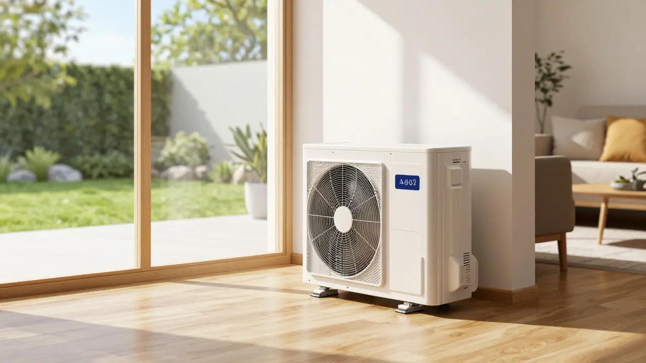 Moderne Wärmepumpe in hellem Wohnzimmer