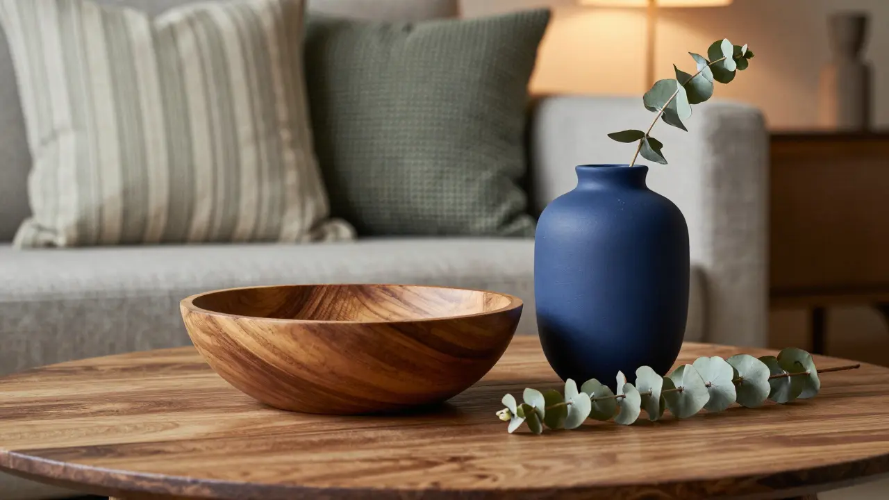 Nahaufnahme von Couchtisch-Deko mit Holzschale, Keramikvase und gemischten Kissen