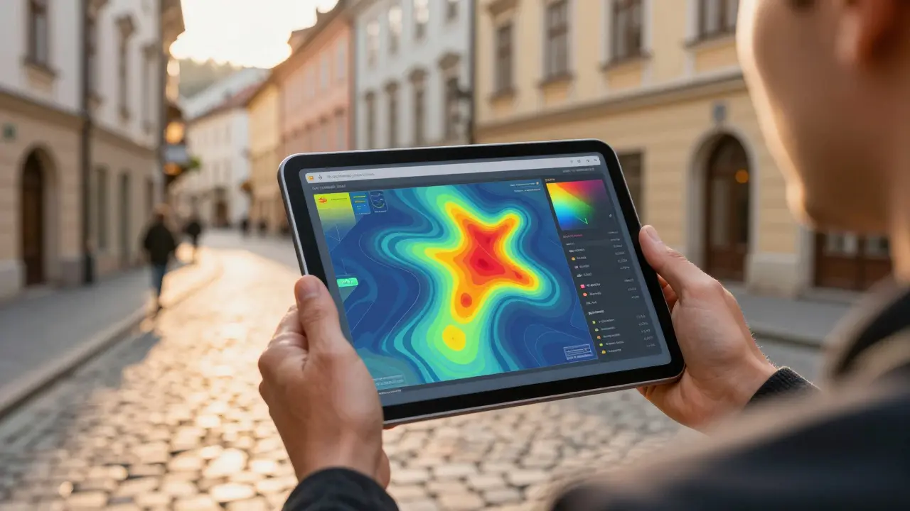 Sachverständiger prüft Lage-Daten auf Tablet vor historischem Haus