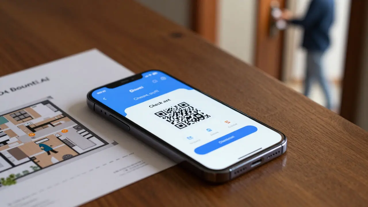 Smartphone mit QR-Code für digitalen Check-in bei Immobilienbesichtigung