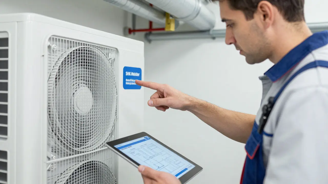 Techniker erklärt moderne Wärmepumpe im Keller