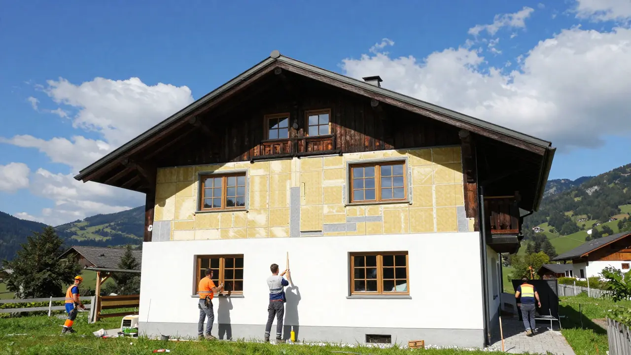 Traditionelles österreichisches Haus mit neuer Dämmung und Fenstern