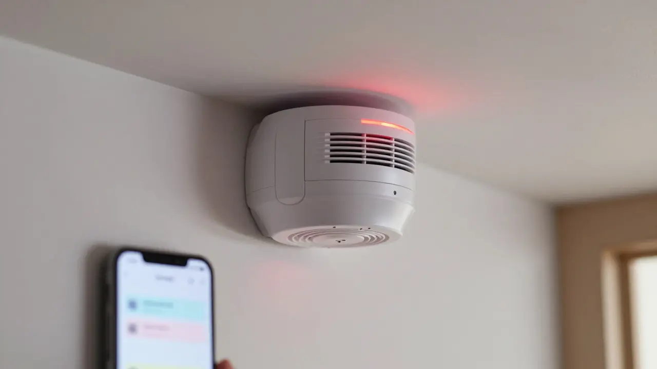 Vernetzter Rauchmelder an der Decke mit rotem Warnlicht