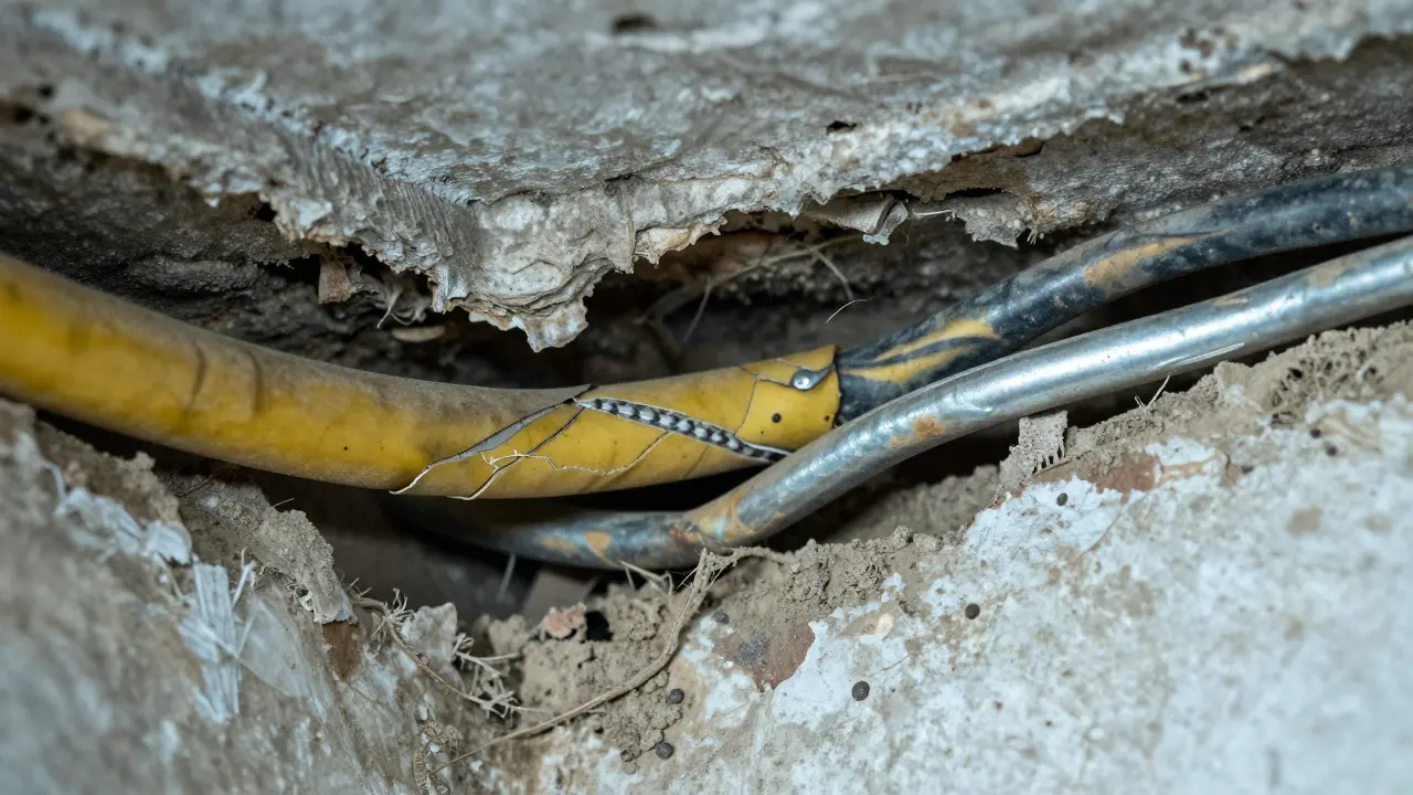 Alte, brüchige elektrische Kabel in einer Wandöffnung