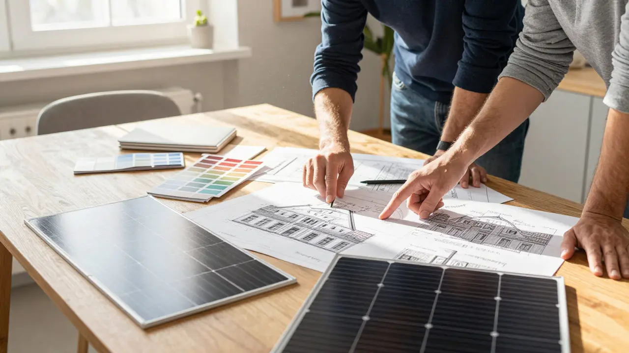 Architekt und Kunde besprechen Farbproben und Planungen für Solaranlagen