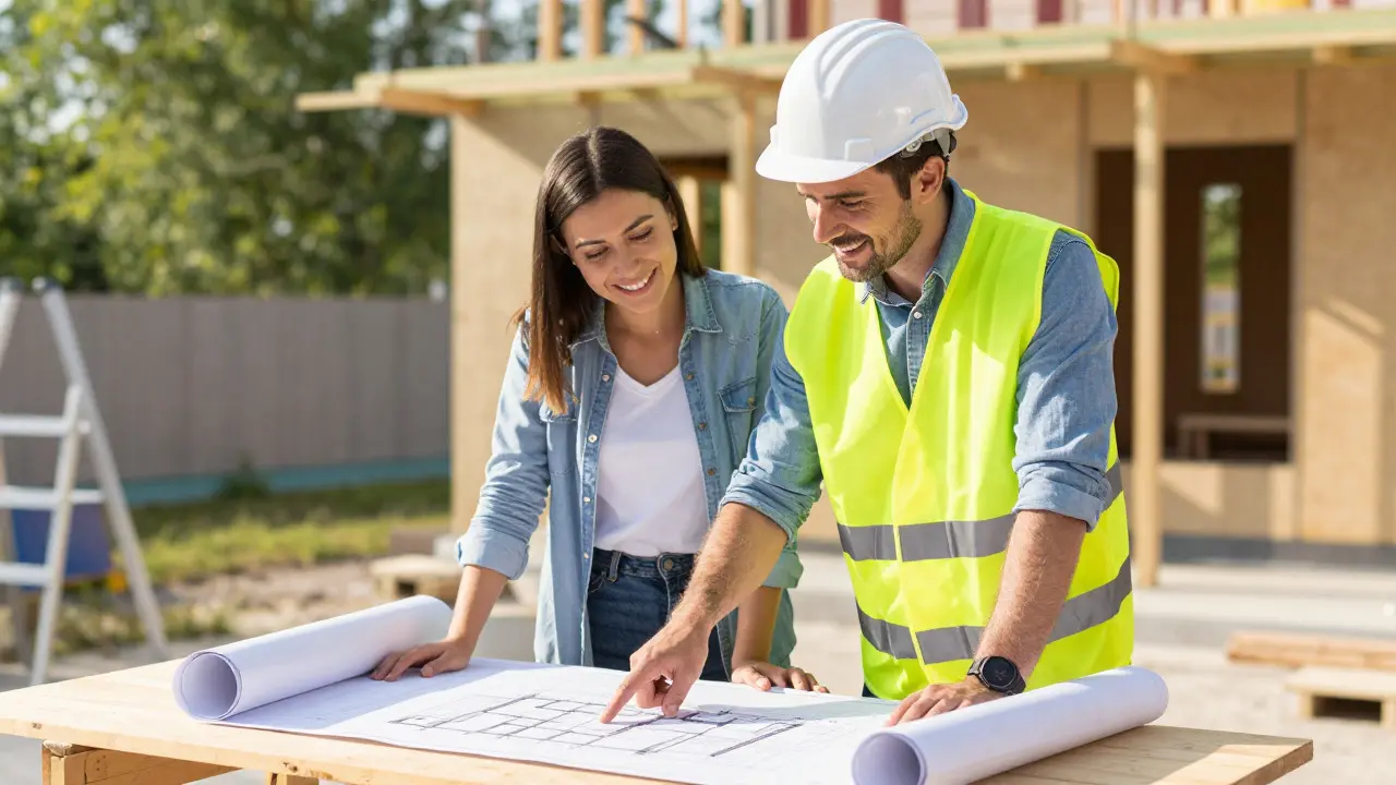 Architekt und zufriedener Kunde besprechen Pläne auf der Baustelle.