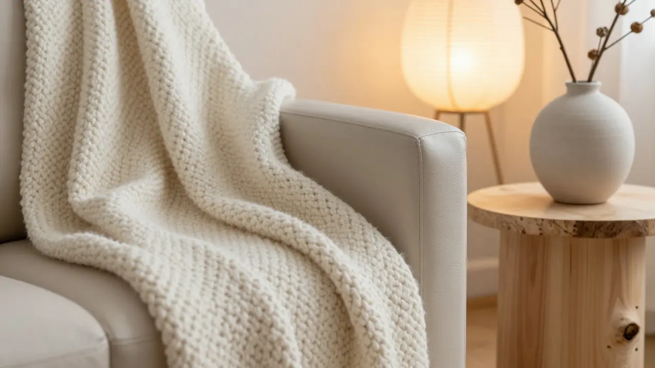 Detailaufnahme von weichen Textilien und hellem Holz im Hygge-Stil
