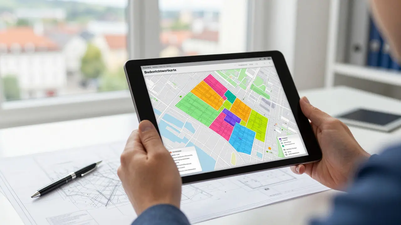 Experte analysiert Grundstücksdaten auf Tablet vor Stadtblick