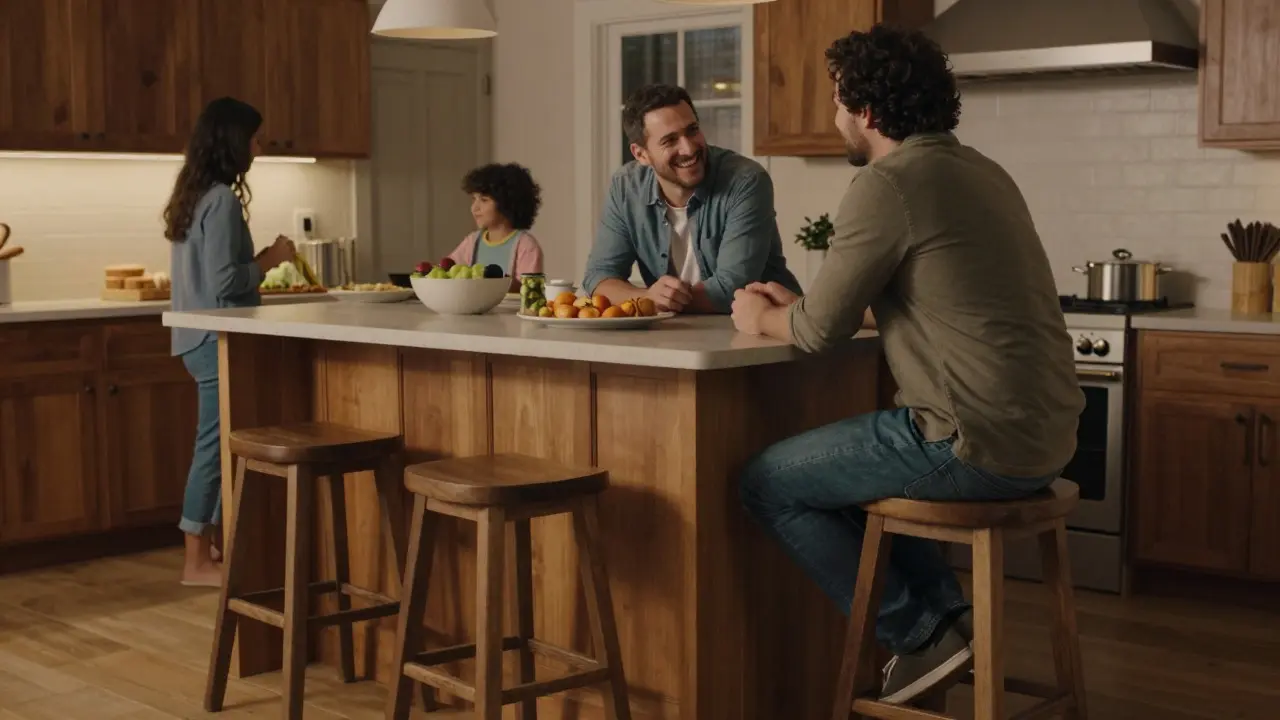 Familie beim Essen und Kochen an einer stabilen Kücheninsel