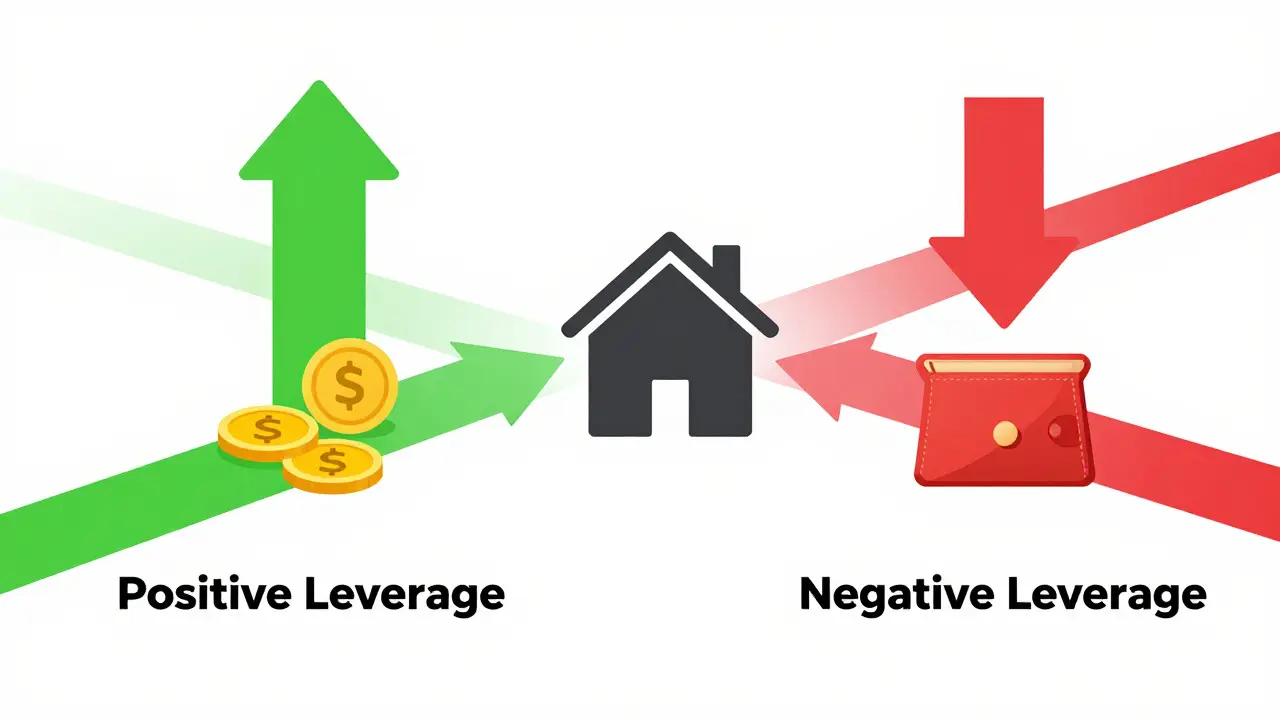 Grafik mit grünem und rotem Pfad zeigt positiven und negativen Hebeleffekt bei Investitionen