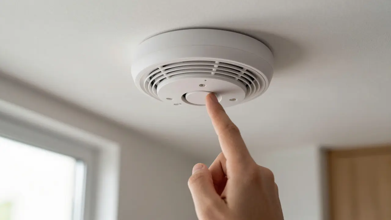Hand prüft einen Rauchwarnmelder an der Decke eines modernen Wohnzimmers