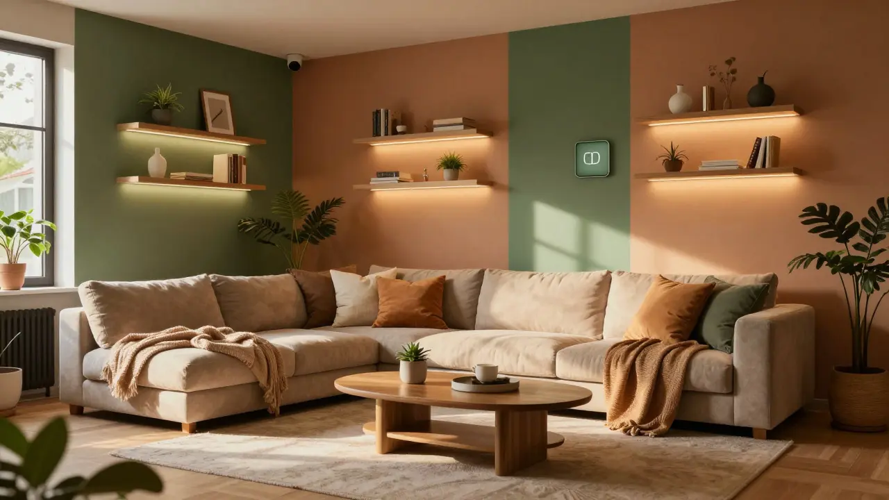 Harmonisches Wohnzimmer mit Erdtönen und adaptiver Smart-Beleuchtung
