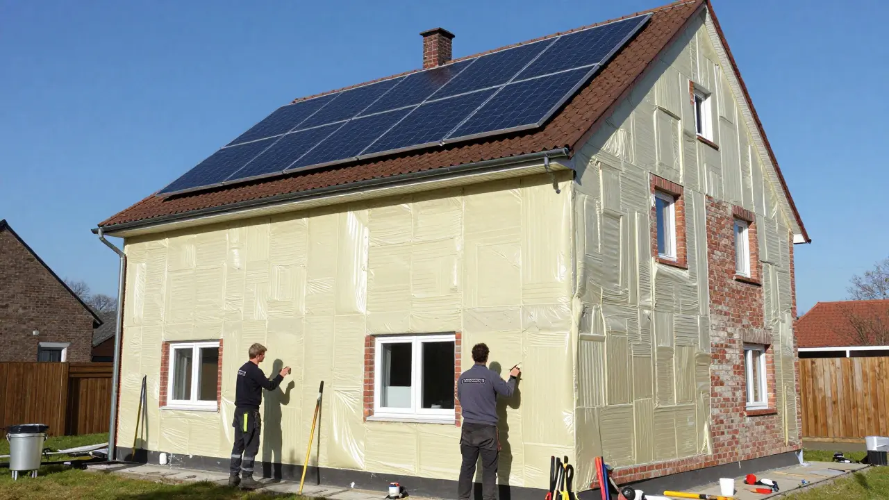 Hausfassade wird mit Dämmplatten isoliert, Solaranlage auf dem Dach
