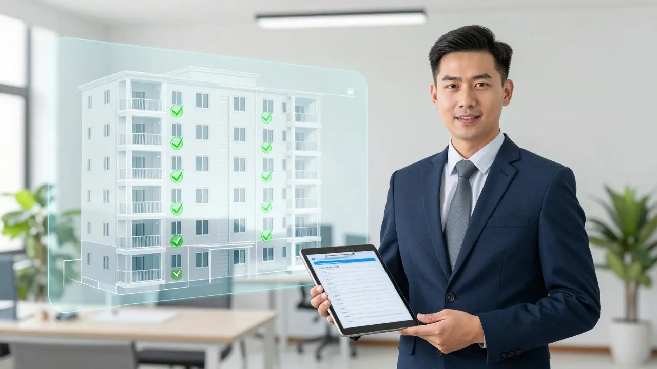 Hausverwalter mit Tablet und digitalem Brandschutz-Checklist im Büro