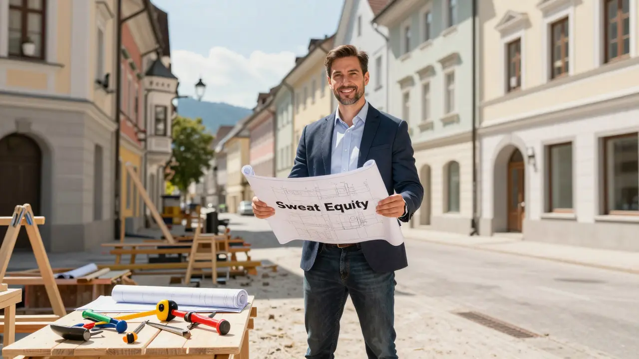 Investor mit Bauplänen auf Renovierungsbaustelle vor einem renovierten Haus