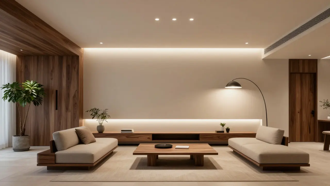 Japandi-Wohnzimmer mit dunklen Holzakzenten und geschichteter Beleuchtung