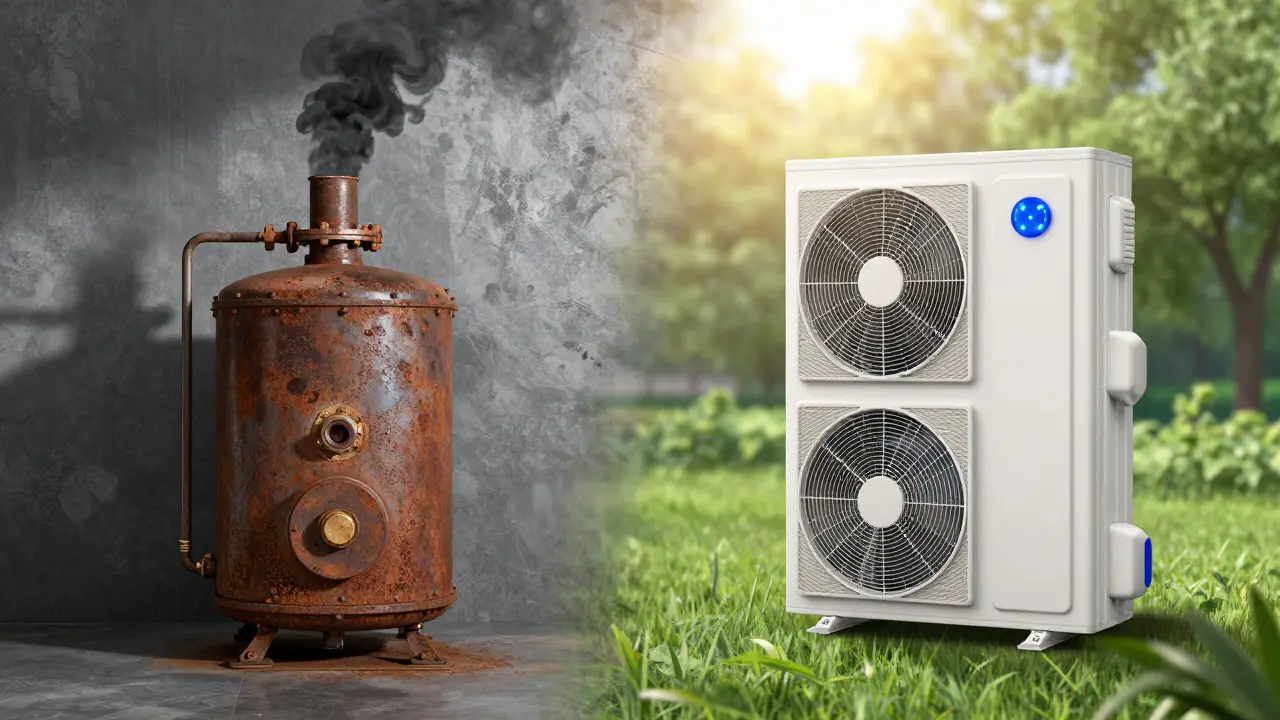 Kontrast zwischen alter Ölheizung und moderner Wärmepumpe für Energieeffizienz