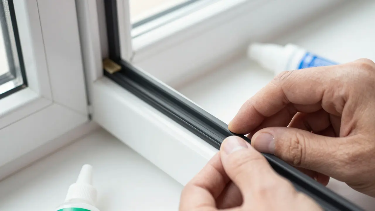 Nahaufnahme der Hände beim Einlegen neuer Gummidichtungen in einen Fensterrahmen