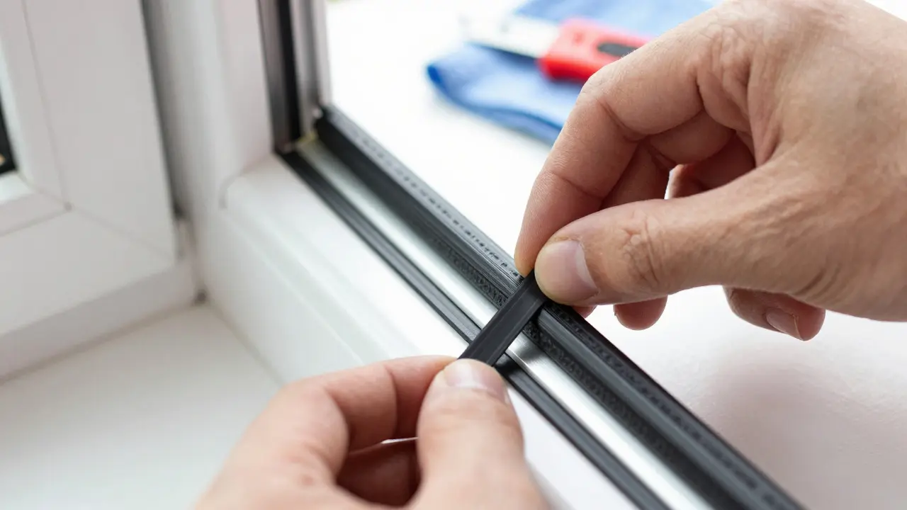 Nahaufnahme der Montage neuer Fensterdichtungen im Rahmen