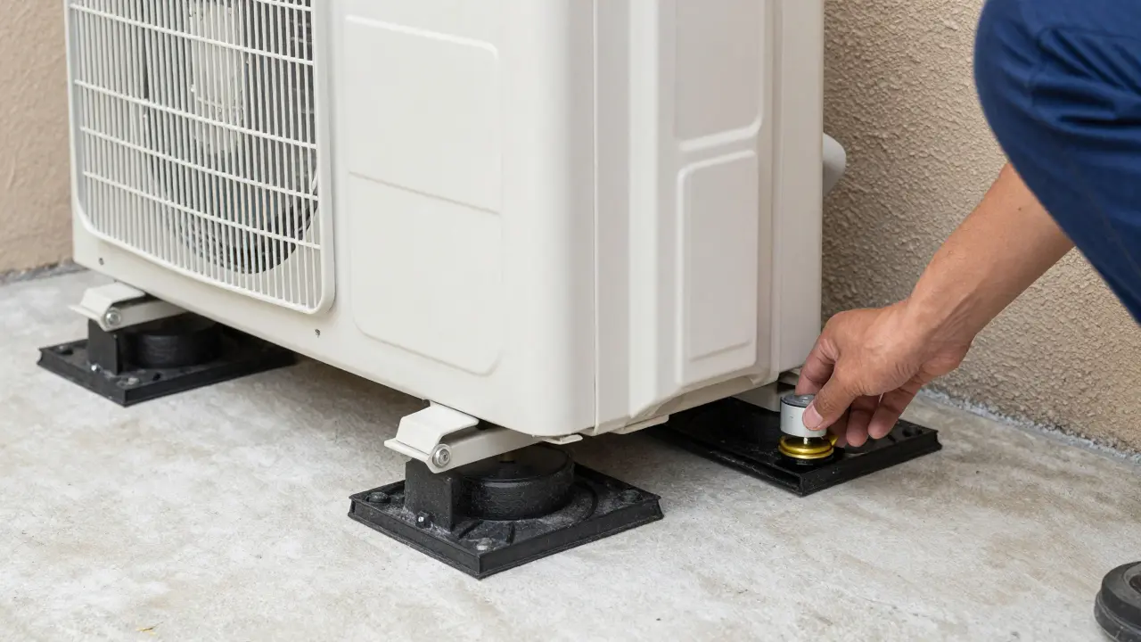 Nahaufnahme einer Wärmepumpe mit Entkopplungspuffern