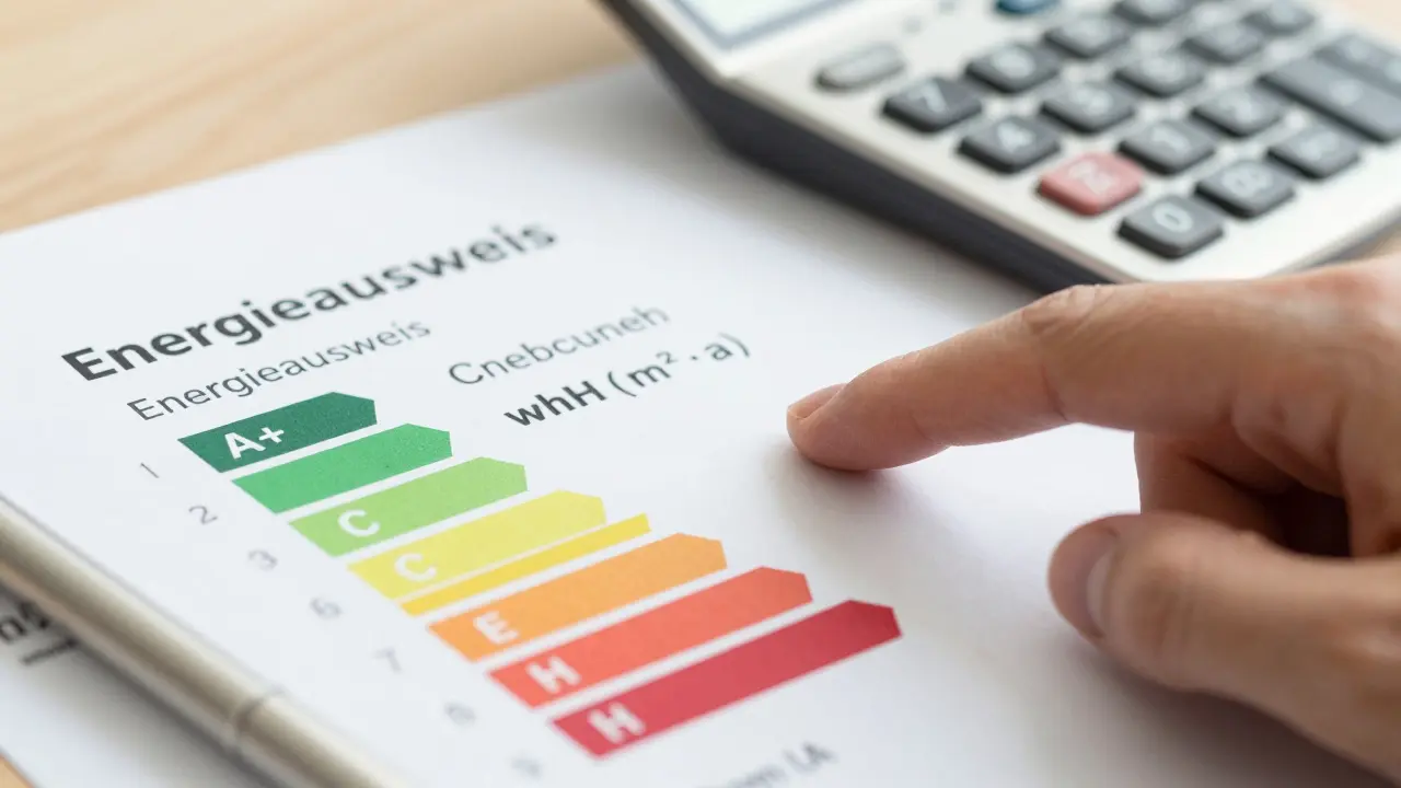 Nahaufnahme eines Energieausweises mit Farbskala von Grün bis Rot auf einem Tisch