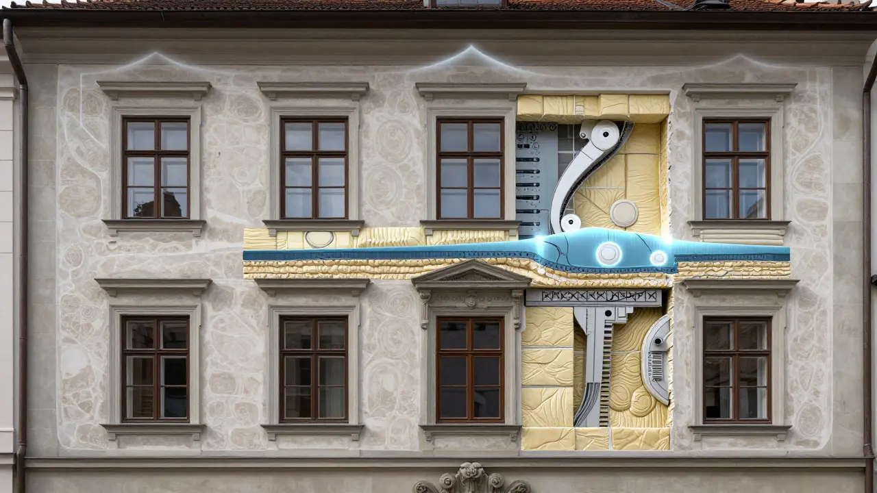 Schnittmodell eines Hauses mit historischer Fassade und moderner Dämmung